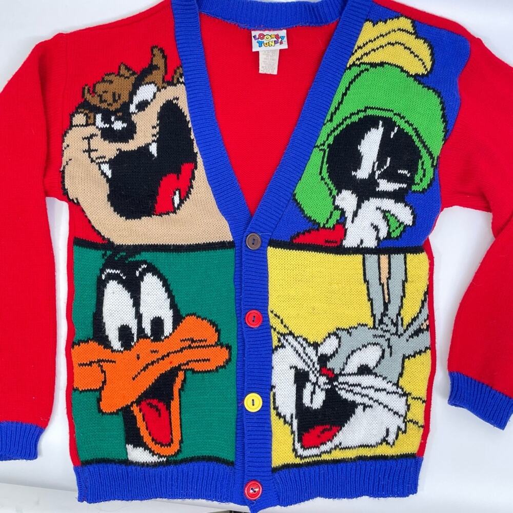 Looney Tunes Vintage Sweater Cardigan Medium 10/12 90s Taz Bugs Daffy Marvin